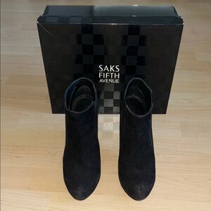 Sak’s Fifth Avenue Black Suede Sassie Stiletto Heel Ankle Booties Boots